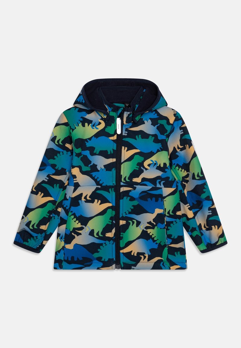 Veste à capuche pour enfants avec fermeture éclair intégrale, avec un motif multicolore de dinosaures bleu, vert et beige sur un fond foncé.