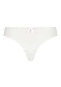 String blanc avec texture rainurée, bordure en dentelle et un nœud décoratif à l'arrière, présentant un design minimaliste et un tissu doux.