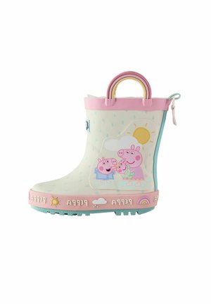 Children's rain boot with Peppa Pig family design, pastel colors, pink top trim, rainbow-shaped handle, and weather icons around the sole.