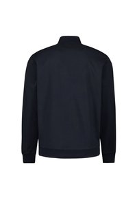 Marine ritsv sweatshirt met hoge kraag, ribgebreide manchetten en tailleband. Glad textuur van de stof, minimalistisch ontwerp, effen kleur zonder patronen.