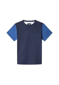 Marineblå t-shirt med korte blå ærmer, lavet af bomuld, med et lille "Hackett" logo i blå på brystet. Klassisk crewneck-design.