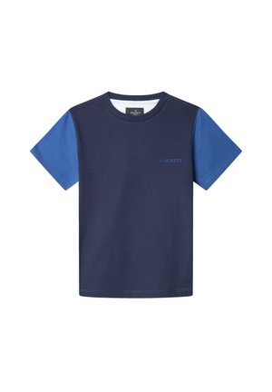 T-shirt bleu marine à manches courtes bleues, en coton, avec un petit logo "Hackett" bleu sur la poitrine. Design classique à col rond.