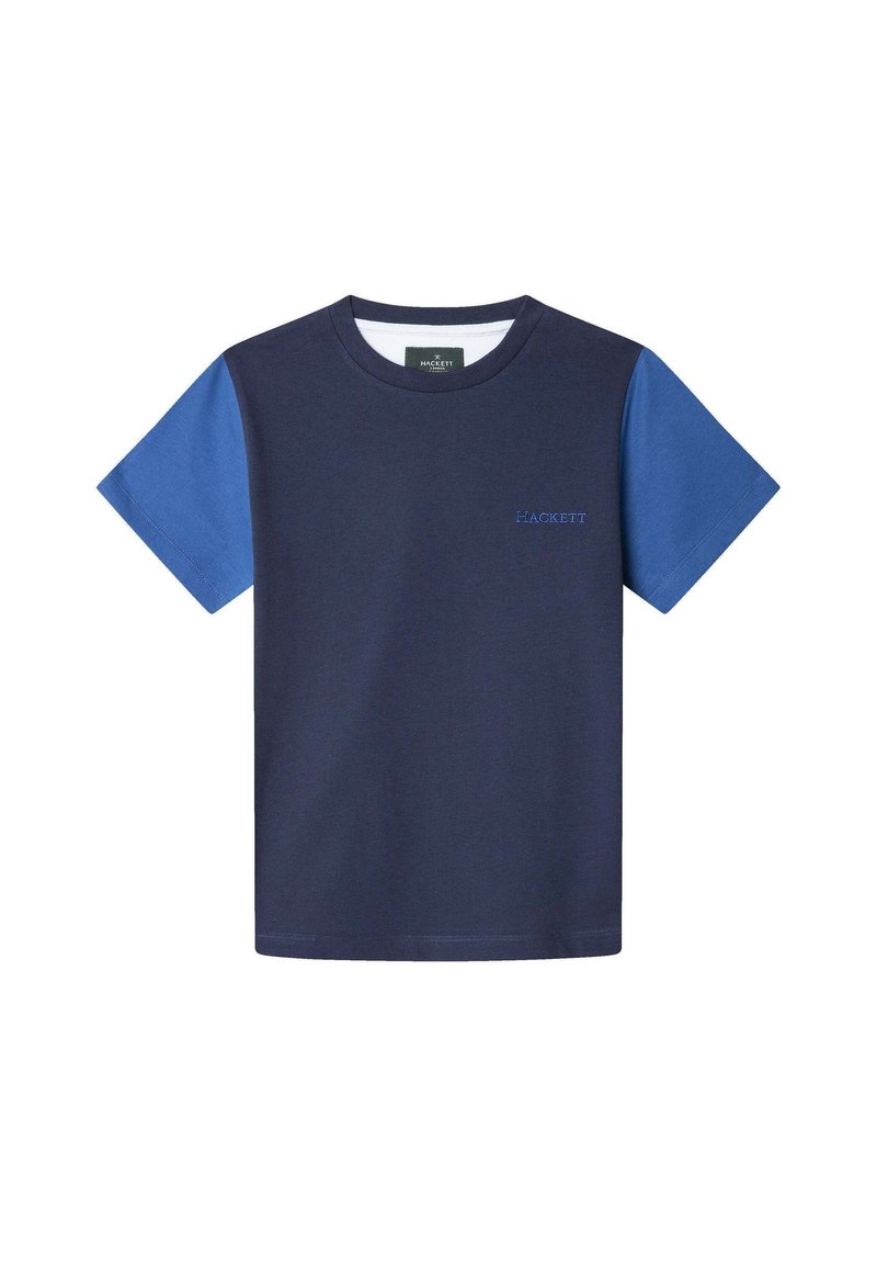 Marineblå t-shirt med korte blå ærmer, lavet af bomuld, med et lille "Hackett" logo i blå på brystet. Klassisk crewneck-design.