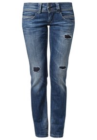 Vaqueros de denim azul oscuro con un ajuste slim, que presentan un diseño desgastado, múltiples bolsillos, cierre de dos botones y detalles de rodillas deshilachadas.