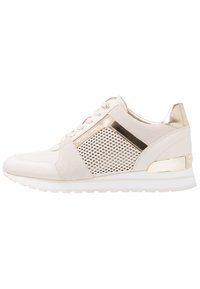 White and gold athletic sneaker featuring suede and mesh upper, metallic accents, round toe, and flat rubber sole. Decorative perforated panel.