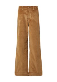 Baggy corduroy broek in een warme tan kleur. Heeft een hoge taille, knoopsluiting en een zachte textuur met verticale ribbel.