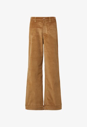 Weite Cordhosen in einem warmen Tan-Ton. Merkmale sind eine hohe Taille, ein Knopfverschluss und eine weiche Textur mit vertikalen Rippungen.