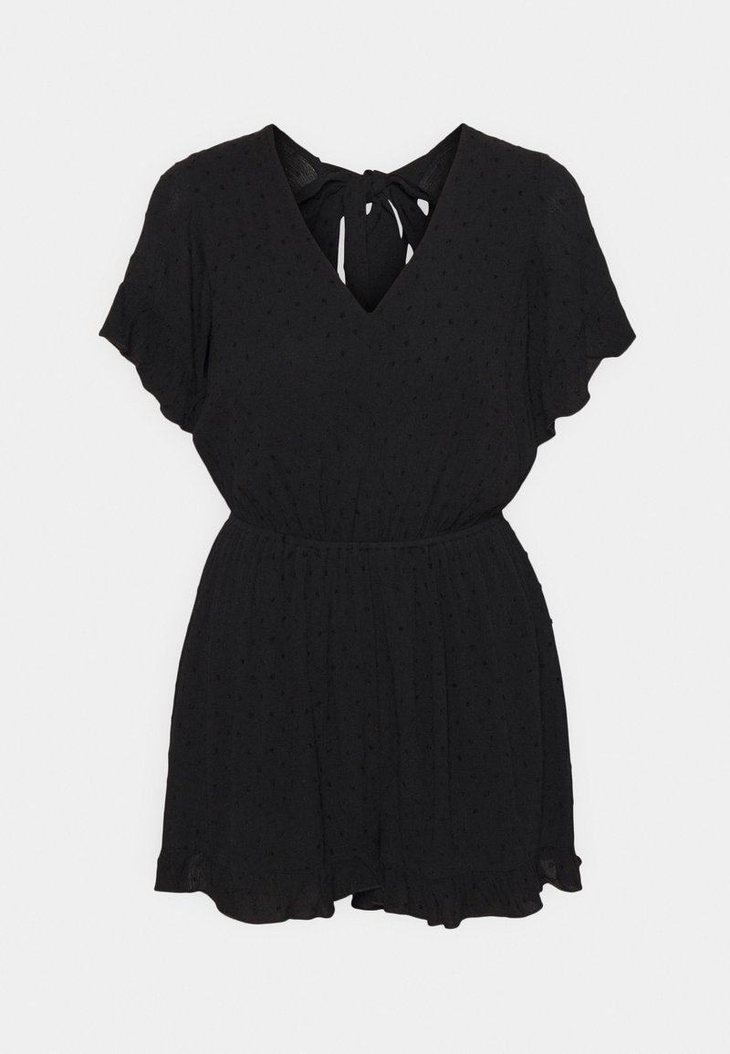 Combinaison noire à manches courtes avec col en V, tissu texturé, taille élastiquée, ourlet à volants et détail noué au niveau de l'encolure dos.