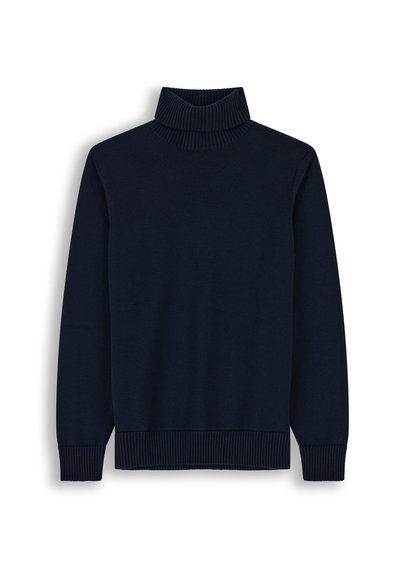 Pull à col roulé bleu marine foncé à manches longues avec col, poignets et bas côtelés, présenté sur fond blanc.