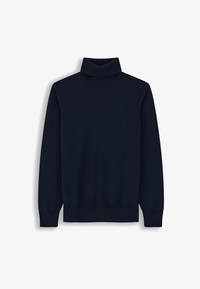 Pull à col roulé bleu marine foncé à manches longues avec col, poignets et bas côtelés, présenté sur fond blanc.