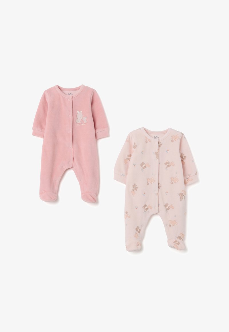 Due tutine per neonati: una di un rosa solido con grafica di coniglio, e l'altra di un rosa chiaro con un motivo di animali. Entrambe sono realizzate in tessuto morbido con chiusure a scatto.