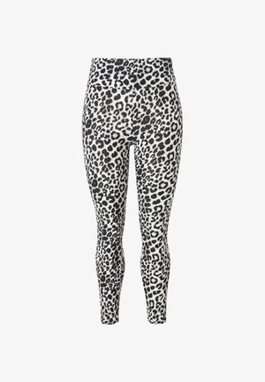 Leopard print leggings featuring a high waistband, made of stretchy fabric in black and white with textured surface details.