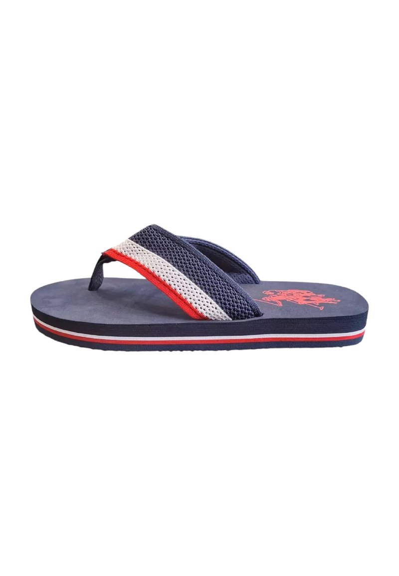 Infradito navy con una fascia in tessuto testurizzato caratterizzata da strisce rosse e bianche, suola in schiuma con accenti rossi e bianchi e logo in rilievo.