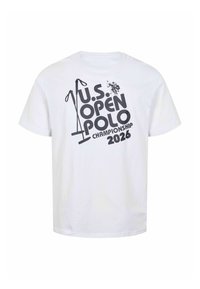 T-shirt blanc avec texte noir "Championnat de polo U.S. Open 2026" et graphique de deux maillets de polo et un joueur à cheval.