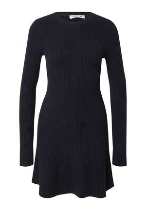 Robe à manches longues en tricot côtelé de couleur bleu marine foncé. La corsage ajusté se transforme en un ourlet évasé. Dotée d'un col rond et d'un motif texturé.