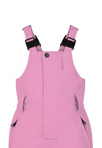 Růžové nepromokavé kombinézy s nastavovacími černými popruhy, předním zapínáním na knoflíky a bočními zipovými kapsami. Hladký povrch a moderní design.