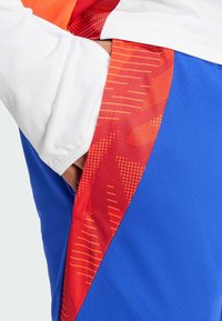 Herensportshorts met een blauwe basis en rode en oranje panelen, textuurpatronen en een witte tailleband. Korte lengte met zichtbare zak.