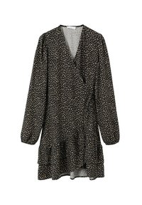 Černé zavinovací šaty s dlouhými nafouknutými rukávy, se spodním lemem ve vrstvách s volánky a rozptýleným krémovým květinovým vzorem po celém povrchu. Vyrobeno z lehkého materiálu.