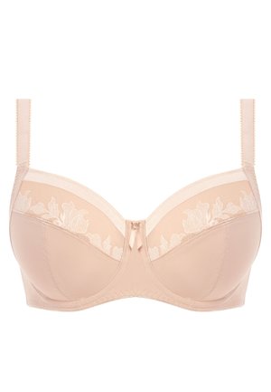 Lichtroze onderwire beha met florale kantdetails bovenaan de cups, verstelbare bandjes en een haak-en-oogsluiting aan de voorkant.