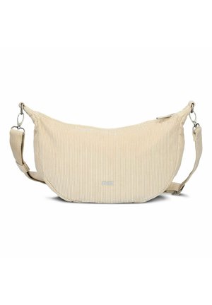 Bolso bandolera de pana beige con correa ajustable, herrajes de tono plateado, cierre de cremallera y pequeño logo "zwei" en el centro delantero.