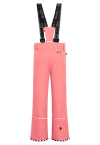 Rosa skidbyxor med justerbara svarta hängslen, en mjuk textur, förstärkta knän, reflekterande detaljer och en rutigt fålldetalj.