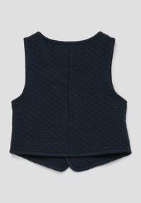 Gepolsterte navyfarbene Weste mit einem runden Ausschnitt und ärmellosem Design. Verfügt über einen geschwungenen Saum und kontrastierende Nähte. Weiche Textur.