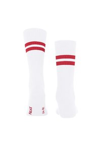 Calze sportive bianche con due righe orizzontali rosse nella parte superiore e logo "FALKE" rosso sulla caviglia. Texture morbida, altezza a metà polpaccio.