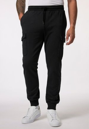 Schwarze Cargo-Jogginghosen mit einem Kordelzugbund, seitlichen Taschen und elastischen Bündchen. Hergestellt aus weichem, leichtem Stoff.