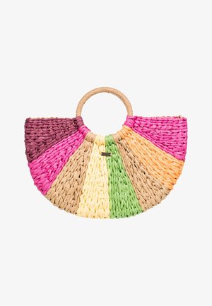 Bolso de mano tejido de forma redonda con múltiples colores: púrpura, rosa, verde, amarillo y marrón. Incluye un asa circular de material natural.