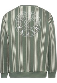Felpa verde con strisce bianche verticali, caratterizzata da un logo circolare bianco sul retro, polsini e orlo a costine. Tessuto morbido.
