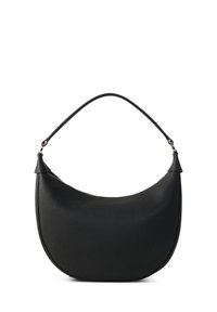 Borsa a spalla in pelle nera con forma curva, superficie texture, manico corto e piccoli dettagli in pelle alle estremità del manico.