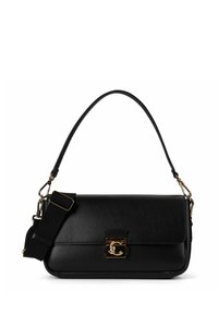 Schwarze Lederhandtasche mit strukturierter Oberfläche, ausgestattet mit einem goldfarbenen Verschluss, einem oberen Griff und einem abnehmbaren Riemen für Vielseitigkeit.