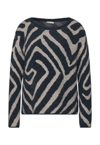 Maglione blu navy e beige con motivo a zigzag, texture a maglia, scollo a barca e maniche lunghe. Il materiale sembra morbido e accogliente.