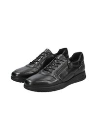 Schwarze Lederschuhe mit glatter Oberfläche, Schnür- und Reißverschlussdesign, abgerundete Spitze und gepolsterte Sohle für zusätzlichen Komfort.