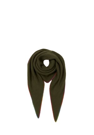 Dark green triangular scarf with rainbow-colored stitched edges, folded to form a loop at the top, displayed on a white background.