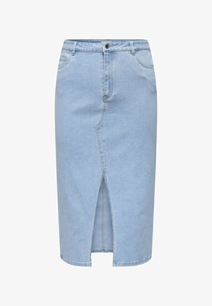 Gonna a tubino in denim azzurro chiaro, lunghezza al ginocchio con uno spacco frontale, cinque tasche e chiusura con bottone e zip. Texture di denim classica.