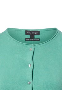 Mintgroene cardigan gemaakt van biologische katoen en kasjmier, met een ronde hals, knoopsluitingen en een zachte, geribbelde textuur.