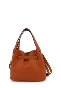 Bruine, gestructureerde leren handtas met een ronde vorm, zwarte accenten en dubbele handvatten. Inclusief een afneembare schouderriem.