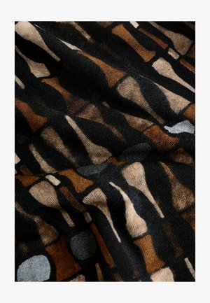 Tekstiil, millel on tume taust ja abstraktsed kujundid pruunides, beežides ja hallides toonides. Kangas näeb välja pehme ning sellel on kerge läige.