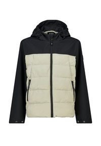 Padded jacket with a black upper section and cream lower section, featuring a hood, front zipper, and side zippered pockets.