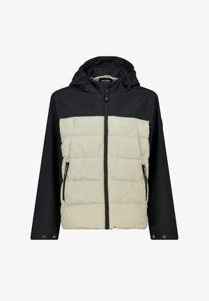 Giacca imbottita con la parte superiore nera e la parte inferiore crema, dotata di cappuccio, zip frontale e tasche laterali con zip.