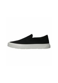 Zwarte instap schoenen van suede met een witte rubberen zool, voorzien van een gestroomlijnd ontwerp en een soepele textuur. Geen zichtbare patronen of accenten.
