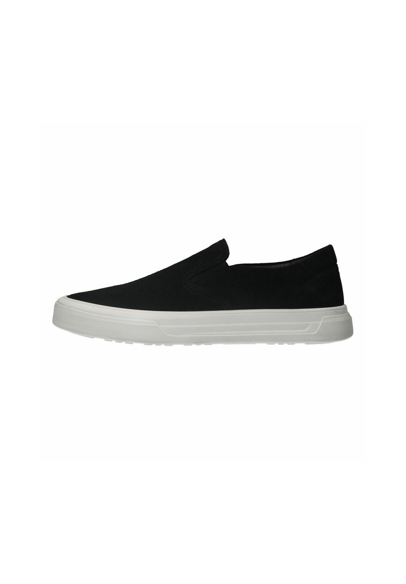 Zwarte instap schoenen van suede met een witte rubberen zool, voorzien van een gestroomlijnd ontwerp en een soepele textuur. Geen zichtbare patronen of accenten.