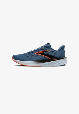 Blue athletic shoe with a mesh upper, black and orange accents, cushioned white sole, and streamlined design for performance.