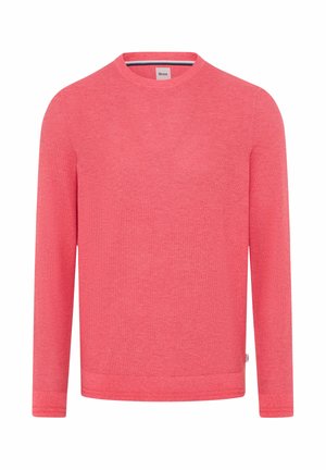 Maglione in maglia rosa corallo con scollo tondo, maniche lunghe, tessuto strutturato e orlo dritto. Etichetta discreta del marchio sul lato.