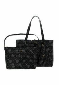 Czarny zestaw składający się z torby typu tote i saszetki, z wzorem z przeplatającymi się logo, złotymi elementami metalowymi, gładką fakturą i podwójnymi paskami na ramię.