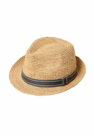 Light brown woven straw fedora hat with a multicolored striped fabric band around the base of the crown.