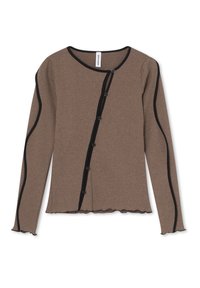Brown long-sleeve cardigan with black trim along the edges, featuring a diagonal button closure and ruffled hemline. Soft texture.