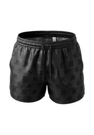 Pantaloncini neri con vita elastica e coulisse, caratterizzati da un motivo con il logo “JR” su tutta la superficie e una etichetta John Richmond all’interno della vita.