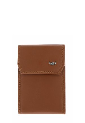Brown leather wallet with stitched edges and a small metallic emblem on the top flap, shown closed on a white background.